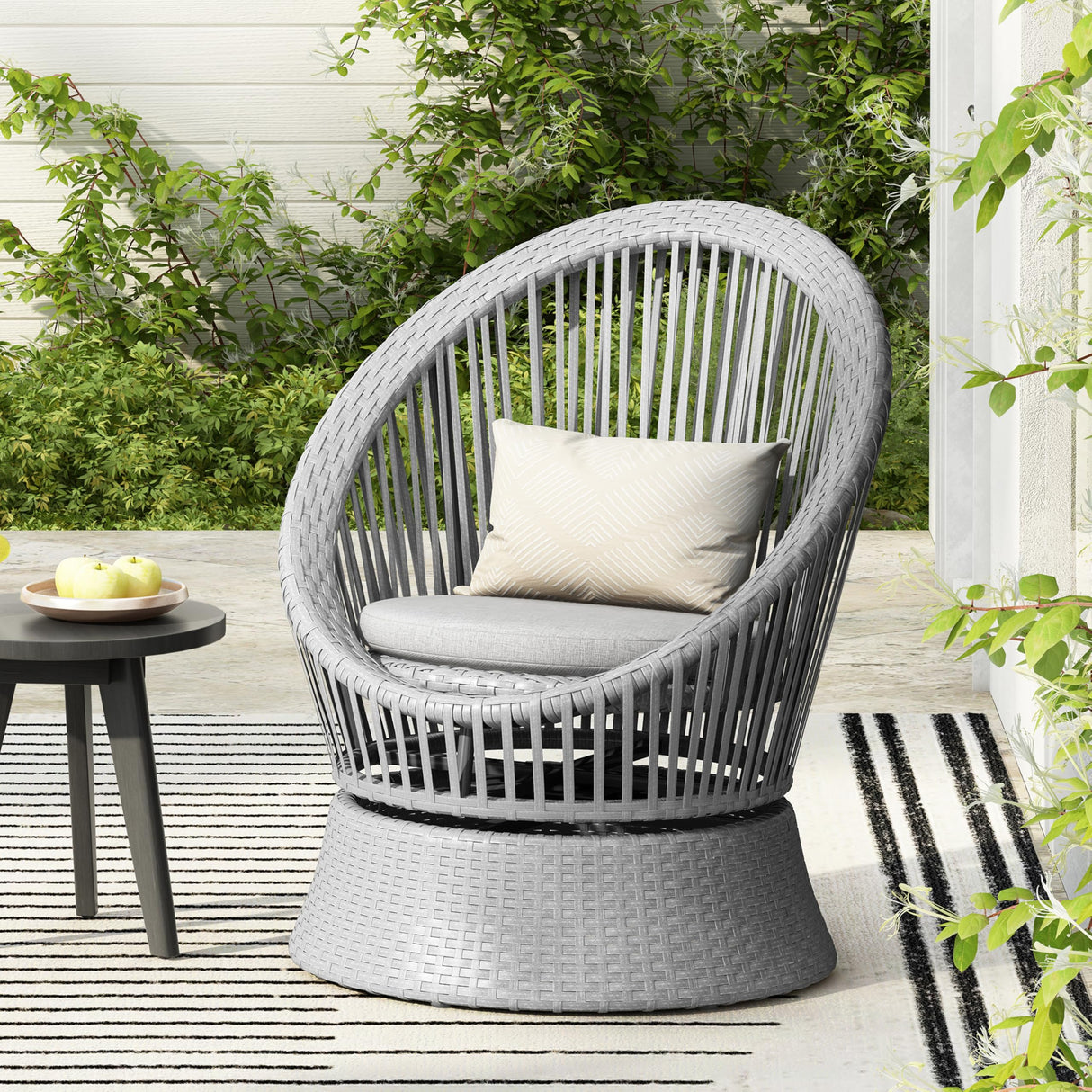 Christopher Knight Home Banes Egg-Shaped Wicker Lounge Chair Outdoor, Iron Frame Egg Chair Outdoor with Removable Cushion, Comfy Reading Chair for Garden Backyard Balcony Poolside, Grey Christopher Knight Home