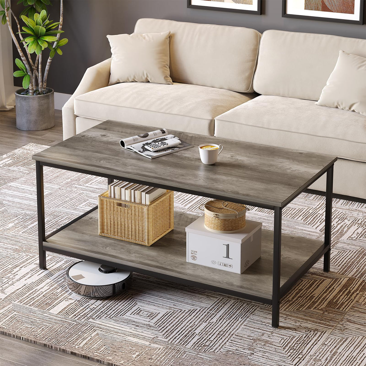 SAYGOER 2-Tier Coffee Table for Living Room Farmhouse Style Center Table with Storage Shelf Rectangle Wood Table for Large or Small Spaces Apartment Home Office, Easy Assembly Gray Wash SAYGOER