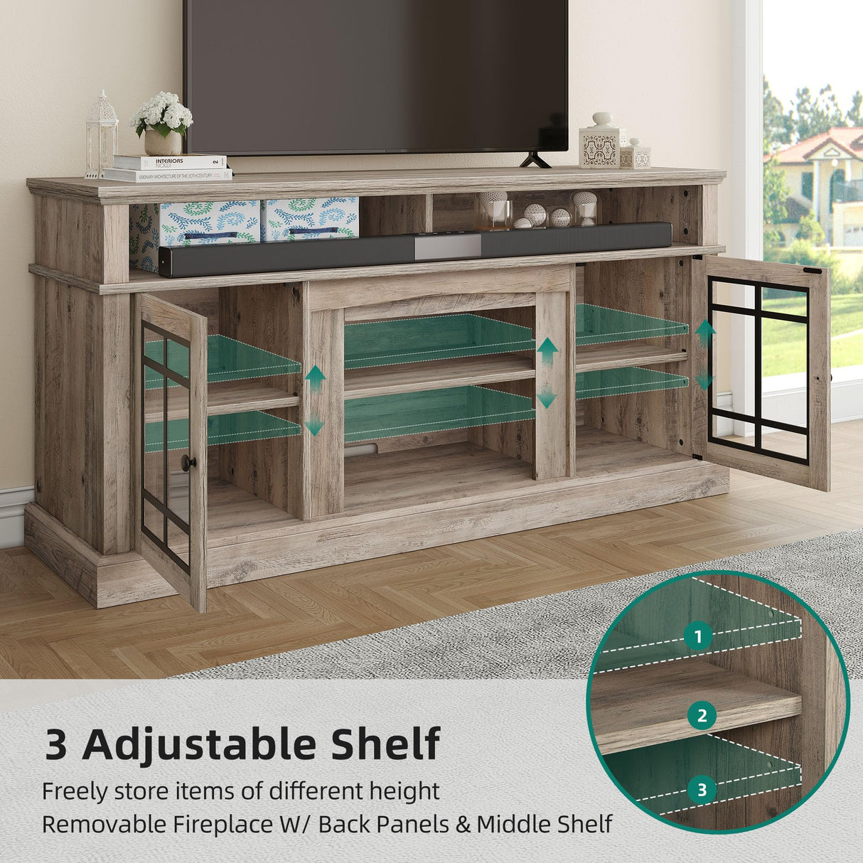 YITAHOME Modern TV Stand for 75 Inch TV, LED Entertainment Center with Adjustable Shelves and Glass Doors, 32'' Tall Television Stands TV Media Console Table for Living Room, Grey Wash YITAHOME