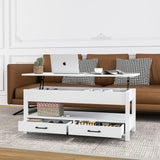 Panana Coffee Table, Lift Top Coffee Table with Hidden Compartment, 2 Drawers and 1 Open Shelf, Retro Central Wooden Table Lift Tabletop for Living Room (White) Panana