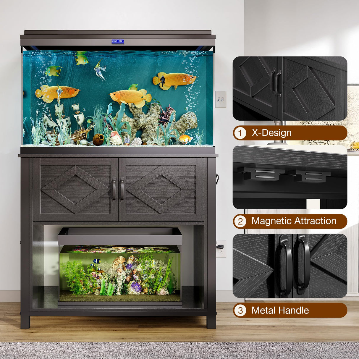 GRUSIGN 40-50 Gallon Fish Tank Stand with Power Outlets, Double Fish Tank Stand Table with Cabinet, 660LBS Capacity Heavy Duty Metal Aquarium Stand GRUSIGN