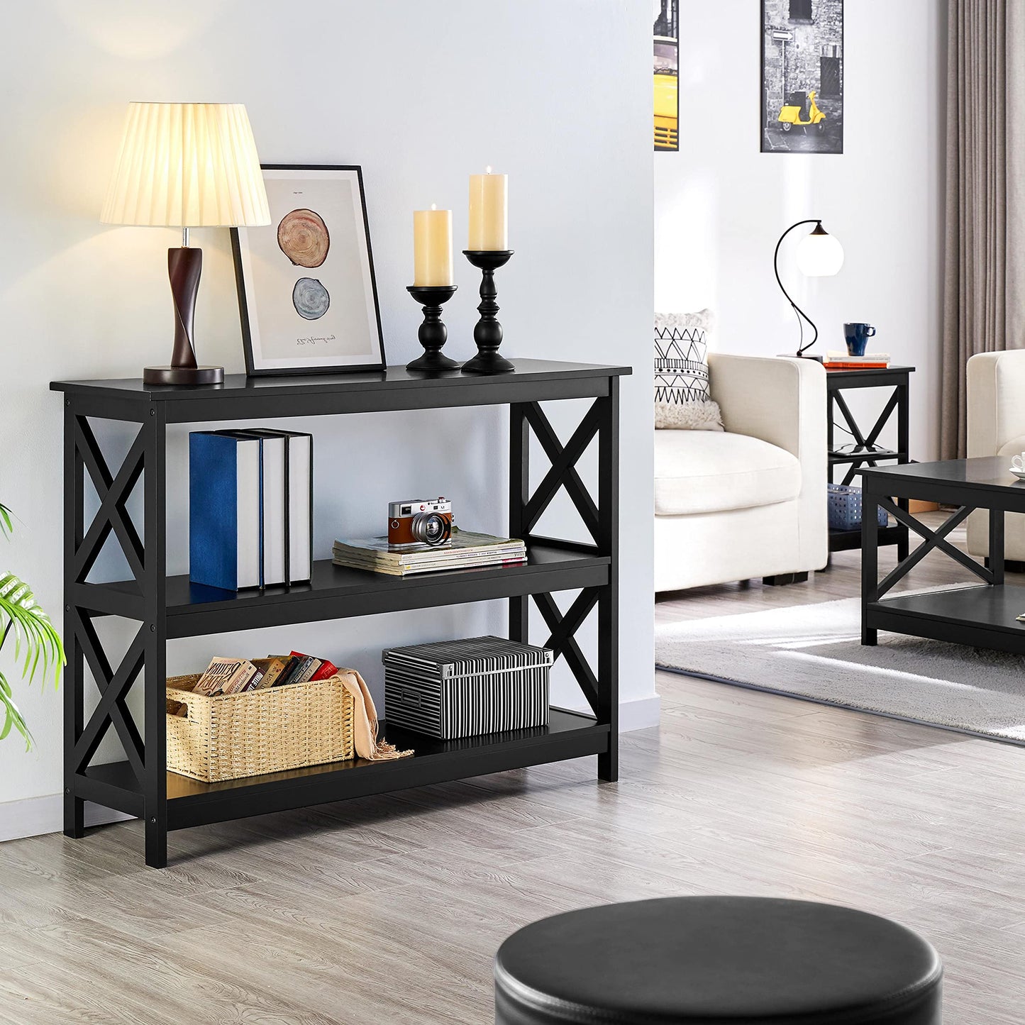 Yaheetech Modern 3-Tier Black Console Table with Storage Shelves - WoodArtSupply