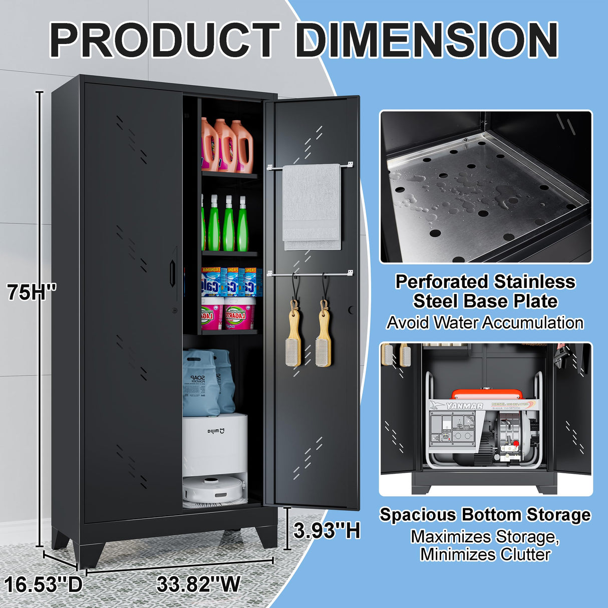 YILFANA Metal Storage Cabinet with Lockable Doors, 75" Steel Storage Locker Tool Cabinet with Hanging Rod & S-Hooks, Tall Garage Cabinets, Black, 75" H x 33.85" W x 16.53" D YILFANA