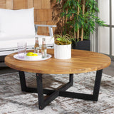 SAFAVIEH Outdoor Collection Leo Natural/Black 4-Leg Round Coffee Table, Ideal for Deck, Patio, Backyard, Sunroom SAFAVIEH