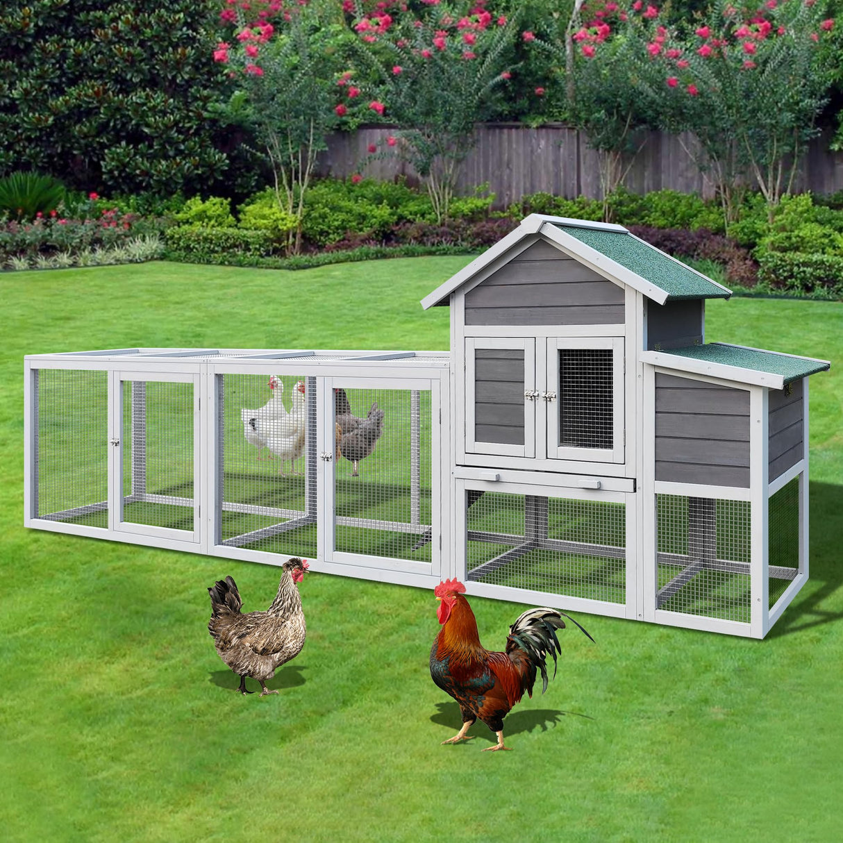 YOPTO 122" Large Chicken Coop with Run,Outdoor Chicken Run W/Nesting Box & Perch,Wooden Hen House W/Ramp & Sliding Trays,Waterproof Poultry Cage W/Sloped Asphalt Roof,for 3-4 Chickens,Gray YOPTO