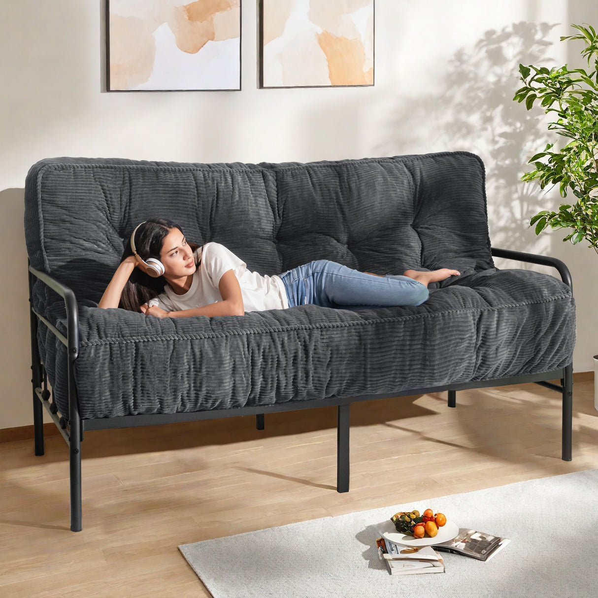 MAXYOYO 8" Futon Mattress Full Size, Ultra Thick Futons Sofa Couch Bed Tufted Sleeper Sofa Bed, Floor Mattress for Adults, Shredded Foam Filling (Frame Not Included), Dark Grey MAXYOYO