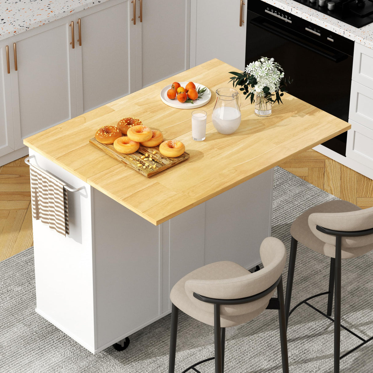 Shintenchi Kitchen Island with Folding Drop Leaf, Rolling Island Table with Storage, Kitchen Cabinet on Wheels with Seating Area for Kitchen, Bar Cart with Cabinet, White Shintenchi