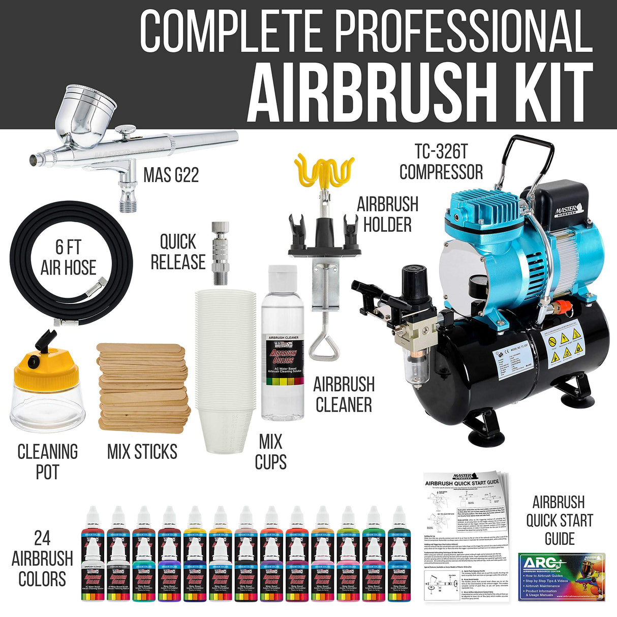 Master Airbrush Cool Runner II Dual Fan Air Tank Compressor System Deluxe Kit with Gravity Feed Airbrush, 24 Color Acrylic Paint Artist Set, Hose, Holder, Cleaning Pot, Mixing Cups Sticks How-To Guide Master Airbrush