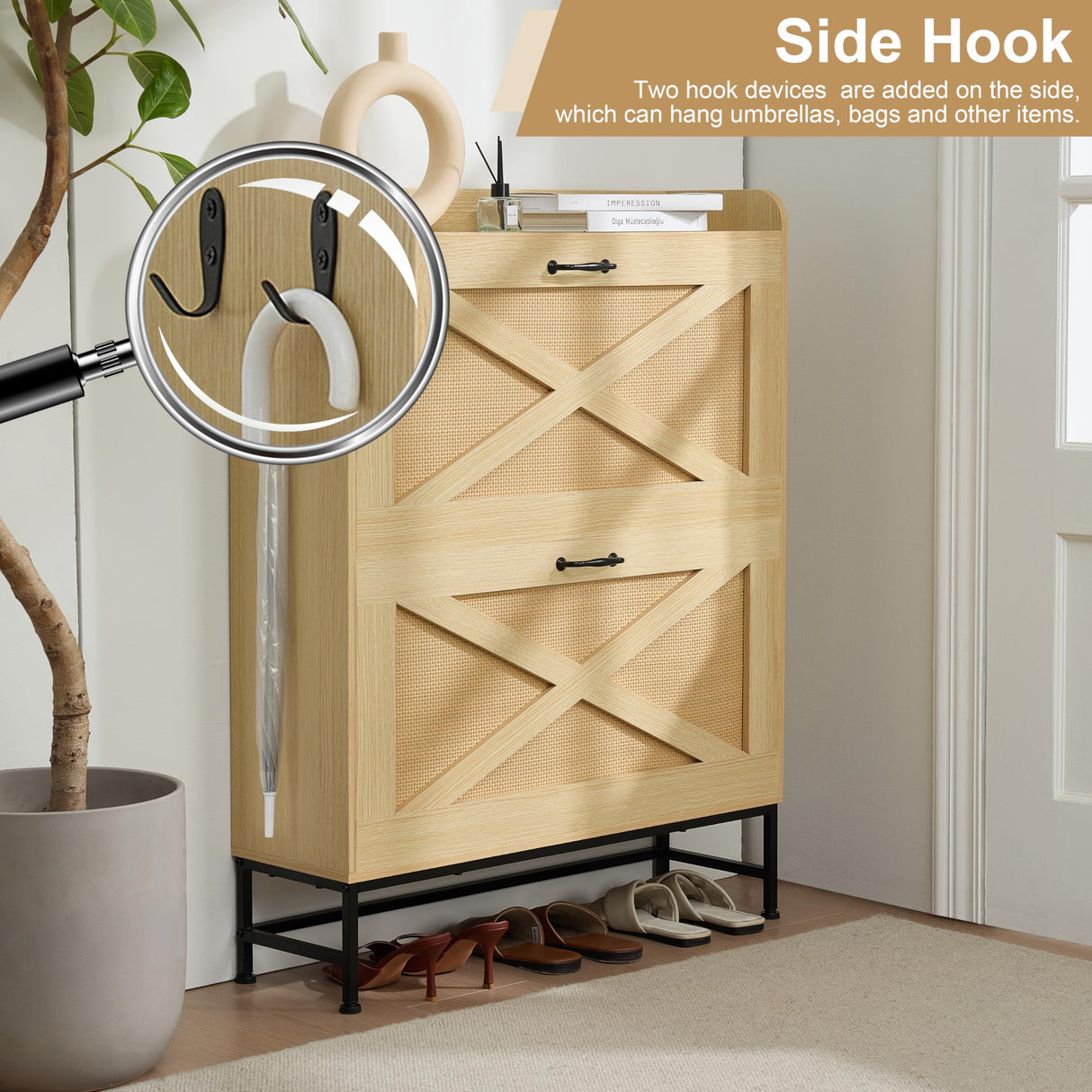 Chilihom Narrow Rattan Shoe Cabinet Storage for Entryway, Shoe Organizer with 2 Flip Drawers, Hidden Shoe Storage Slim Storage Cabinet Metal Legs, Farmhouse Free Standing Shoe Rack Cabinet, Natural Chilihom