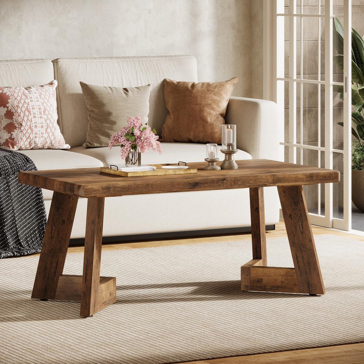 Tribesigns Coffee Table, Farmhouse Center Table with V-Shaped Legs, 47.2 x 23.6 Inches Rectangle Living Room Tables, Easy to Assemble, Rustic Brown Tribesigns