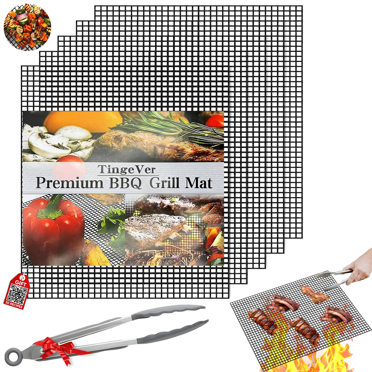 TingeVer - Set of 5 Non Stick BBQ Grill Mesh, Heavy Duty, Mesh Grill Mat + Tong + Code QR with 30 Recipes, Easy to Clean, Works on Gas, Charcoal, Electric Grill TingeVer