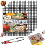 TingeVer - Set of 5 Non Stick BBQ Grill Mesh, Heavy Duty, Mesh Grill Mat + Tong + Code QR with 30 Recipes, Easy to Clean, Works on Gas, Charcoal, Electric Grill TingeVer