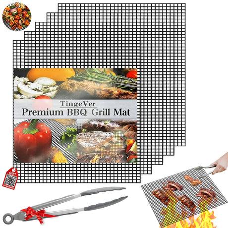 TingeVer - Set of 5 Non Stick BBQ Grill Mesh, Heavy Duty, Mesh Grill Mat + Tong + Code QR with 30 Recipes, Easy to Clean, Works on Gas, Charcoal, Electric Grill TingeVer