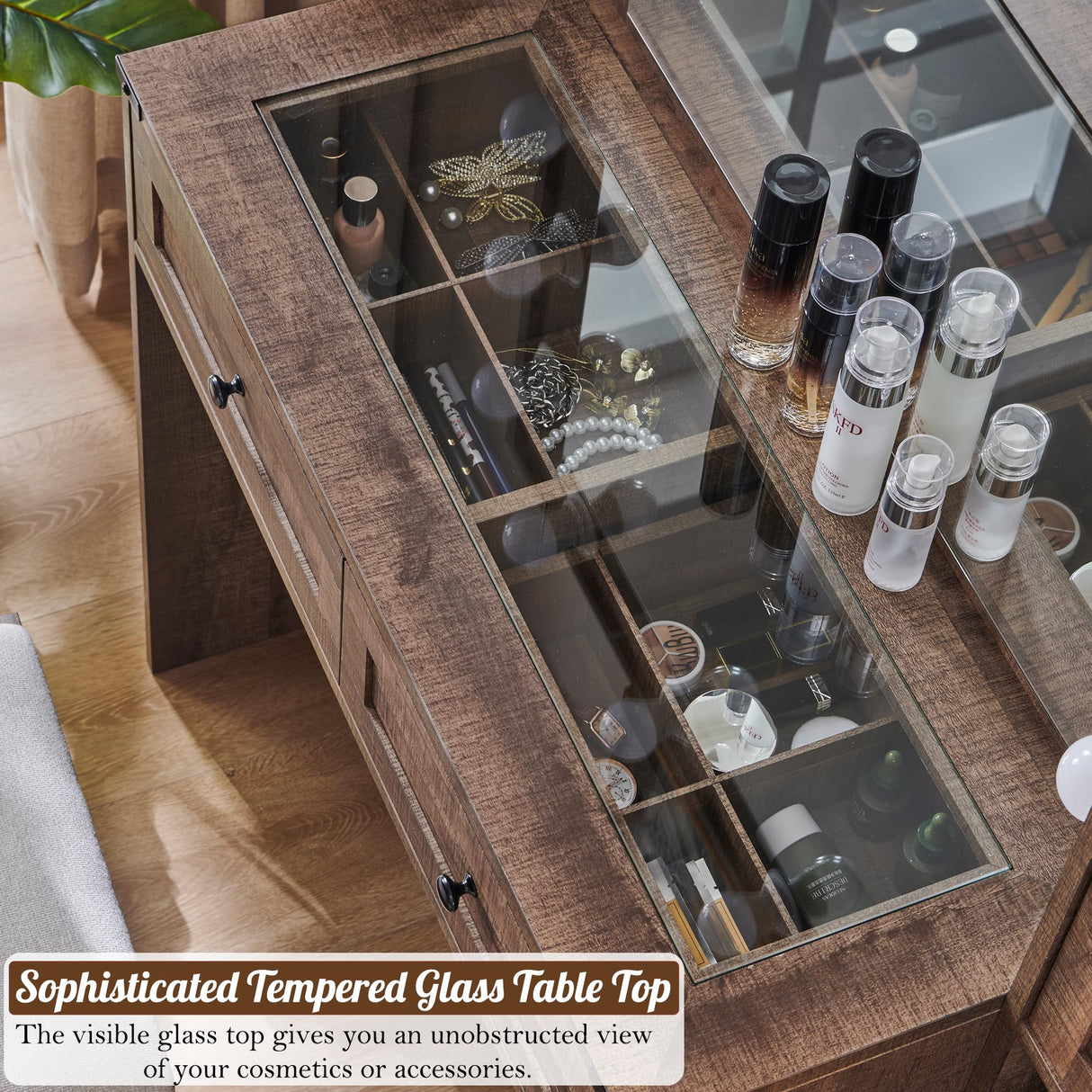 ACCOHOHO Farmhouse Vanity Desk with Mirror and Lights, 43" Wide Makeup Vanity with Glass Tabletop and Charging Station, Modern Vanity Table Set with Storage and Stool for Bedroom, Light Brown ACCOHOHO