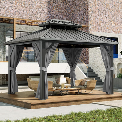 GAOMON 12x14ft Hardtop Gazebo, Heavy Duty Double Roof Outdoor Garden Galvanized w/Nettings Curtains Steel Combined of Horizontal Vertical Stripes Roof for Patio, Backyard, Deck, Lawns (Gray)