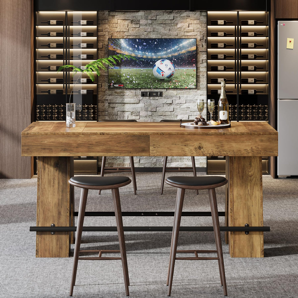 Tribesigns Bar Table, 63-Inch Bar Height Pub Table, Counter Height Table with Metal Footrest, Rectangular High Top Dining Counter Tables with Wood Base for Home Bar, Kitchen, Rustic Brown Tribesigns