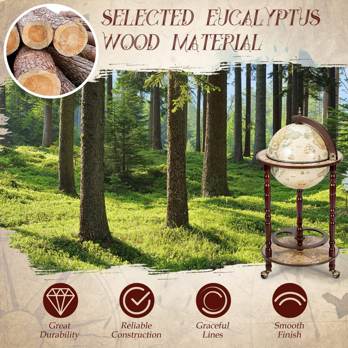 LDAILY Globe Bar, 17.5’’ Wood Antique Wine Bar Stand with Wheels, Bottom Shelf & Old World Map, 16 Century Italian Replica Globe Bar Liquor Cabinet, Large Capacity Bar Cart for Home, Restaurant, Party LDAILY