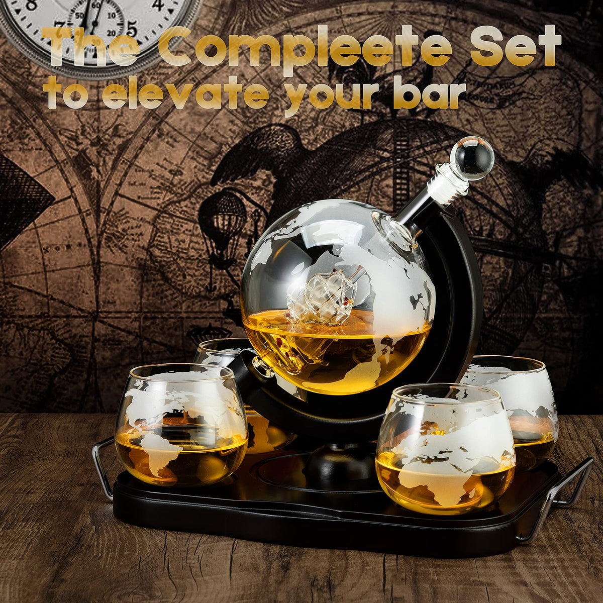 Whiskey Decanter Globe Set, Gifts for Men Husband Boyfriend Dad, with 4 Etched Whiskey Glasses, 4 Ice Cubes, Tong & Funnel, Decanter for Liquor, Bourbon, Scotch, Whisky, Vodka Brandy SHIGOO