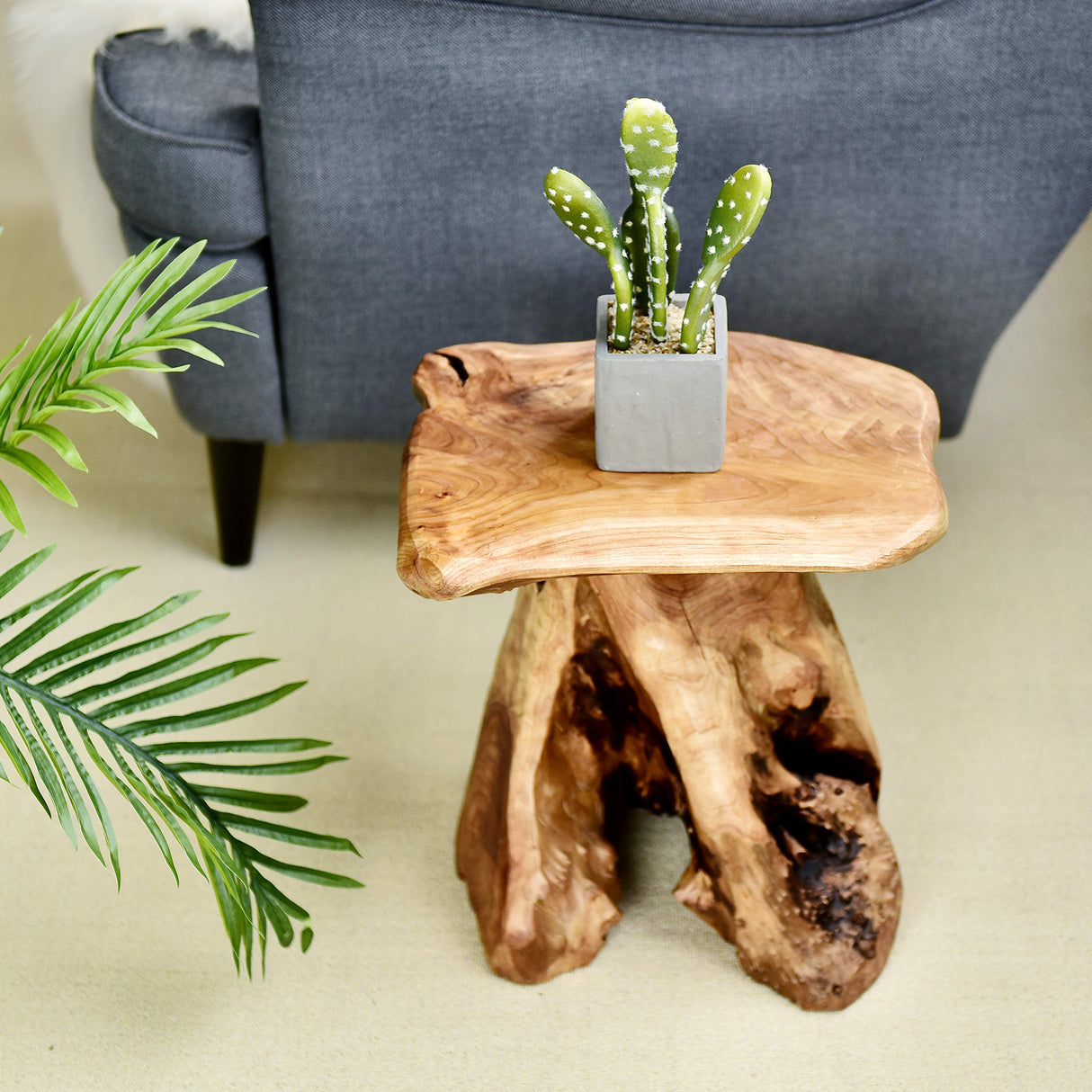 WELLAND Tree Stump Stool Live Edge, Natural Edge Side Table, Plant Stand, Nightstand, Mushroom Stool 14" Tall WELLAND