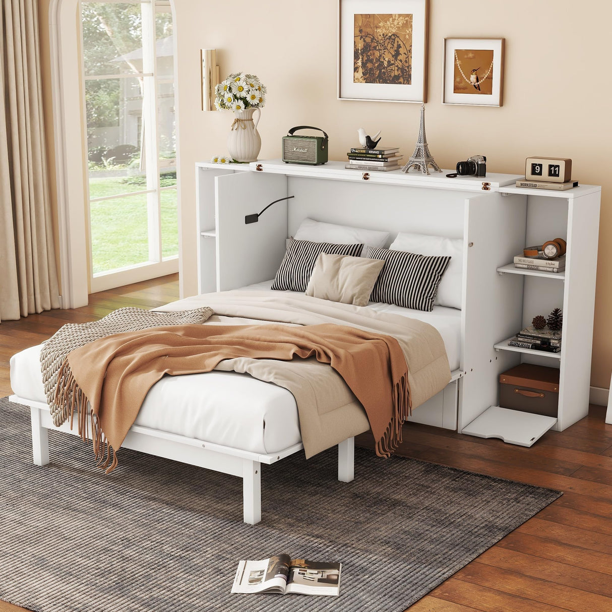 Full Size Murphy Wall Bed With Storage and Bookcase Headboard, Solid Wood Cabinets, Shelves, Drawers and USB Ports, Multi-Function Platform for Home Office, Guest Room (White) MERITLINE