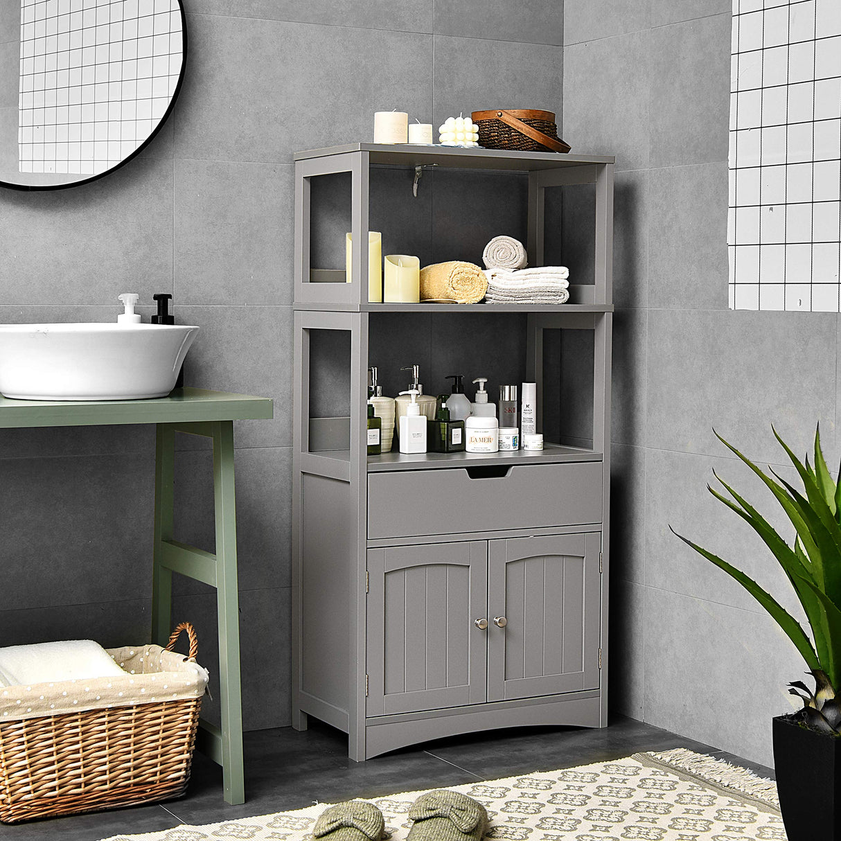 Tangkula Bathroom Floor Cabinet with Drawer, 2 Open Shelves and Door Cupboard, Multipurpose Free Standing Storage Cabinet for Bathroom Kitchen Living Room, 24 x 13 x 48 inch (Grey) Tangkula