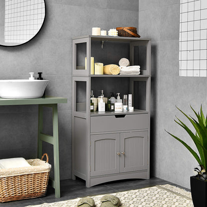 Tangkula Bathroom Floor Cabinet with Drawer, 2 Open Shelves and Door Cupboard, Multipurpose Free Standing Storage Cabinet for Bathroom Kitchen Living Room, 24 x 13 x 48 inch (Grey) - WoodArtSupply