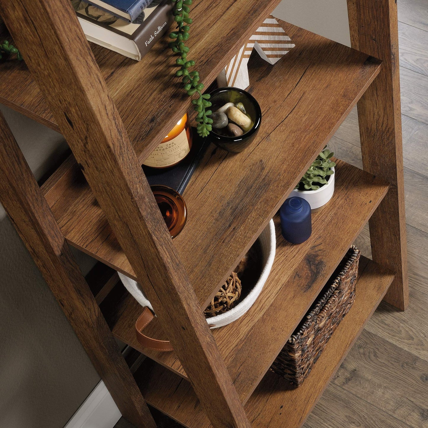 Sauder Trestle 5-Shelf Bookcase in Vintage Oak Finish - Stylish Storage for Any Room - WoodArtSupply