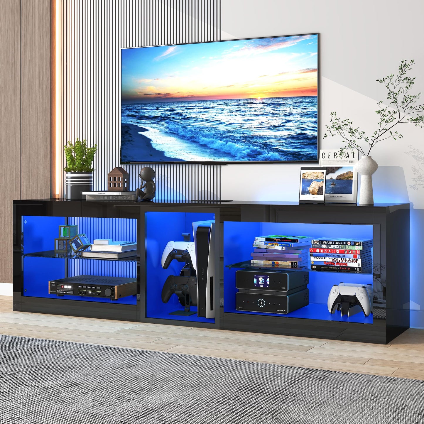 Vinctik 6&Fox LED TV Stands for Living Room w/60,000-Colors Lights&6.5ft Power Outlet for 55 60 65 70inch TV,Modern High Gloss LED Black Entertainment Center w/Adjustable Shelves for Gameroom/Bedroom