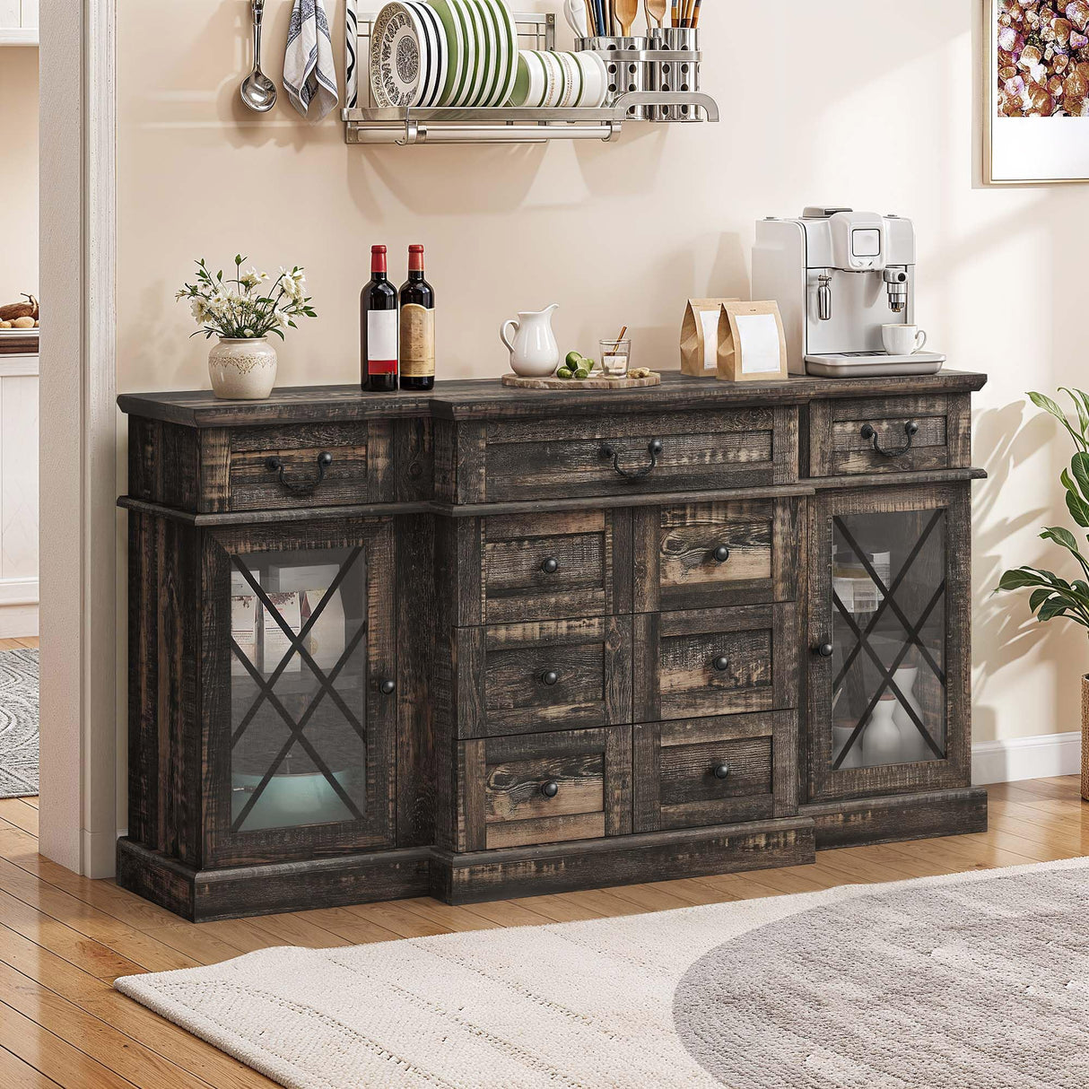 YITAHOME Television Stand for 65/55 Inch TV, Farmhouse TV Stand with 9 Drawers, Adjustable Shelves and Tempered Glass Doors, Entertainment Center TV Media Console for Living Room, Dark Rustic Oak YITAHOME