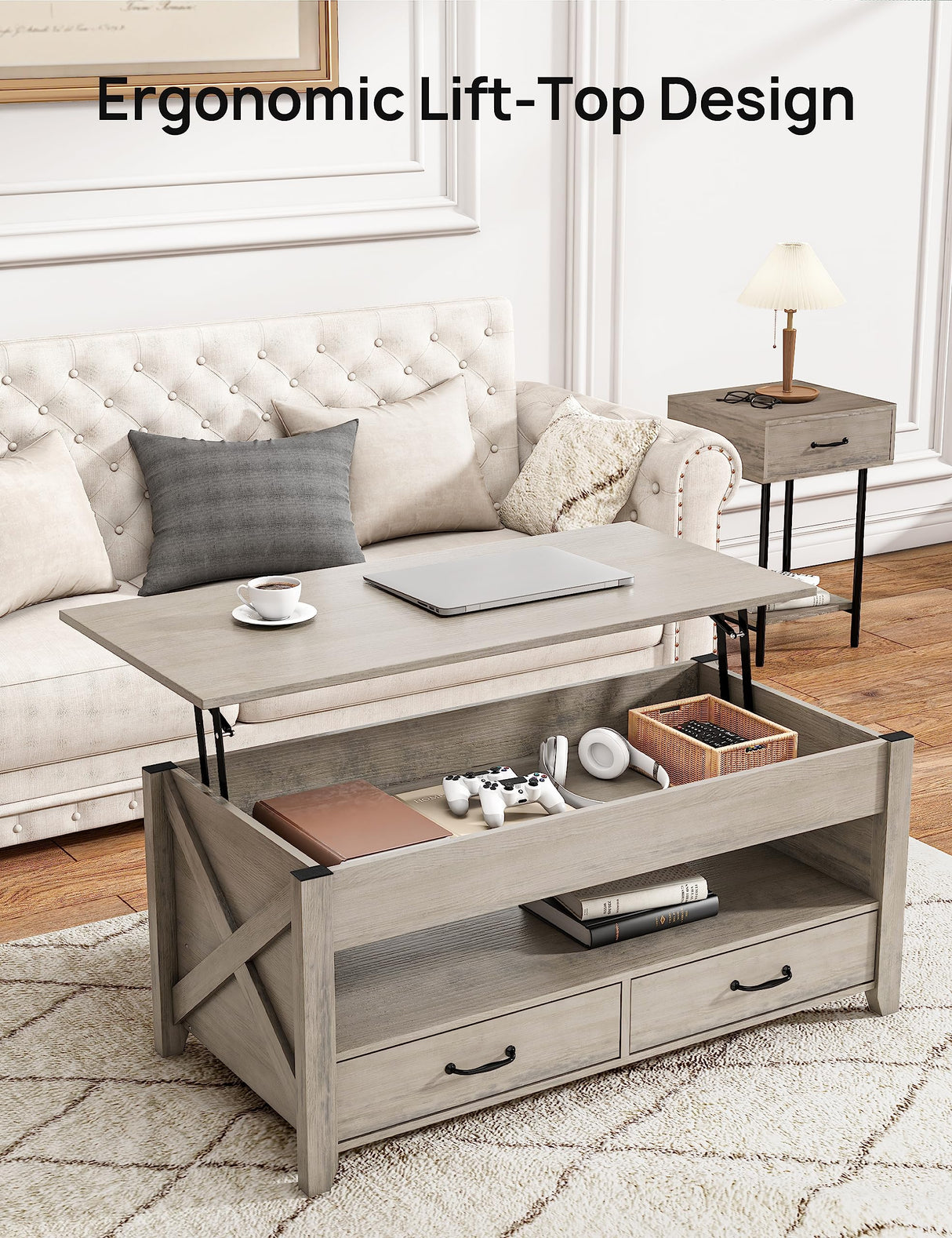 Evajoy Lift Top Coffee Table, Modern Coffee Table with 2 Storage Drawers and Hidden Compartment, X-Shape Wood Support, Center Table with Lift Tabletop for Living Room, Office,Grey,16.9''x41.3''x18.1'' Evajoy