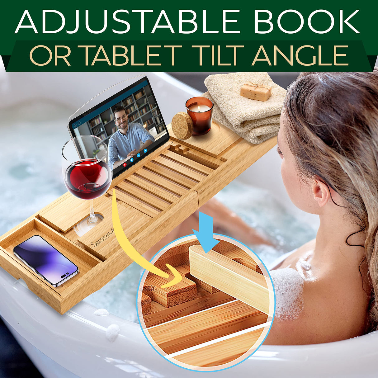 SereneLife Luxury Bamboo Bathtub Caddy Tray - Adjustable Natural Wood Bath Tub Organizer with Wine Holder, Cup Placement, Soap Dish, Book Space & Phone Slot for Spa, Bathroom & Shower - SLBCAD20 SereneLife