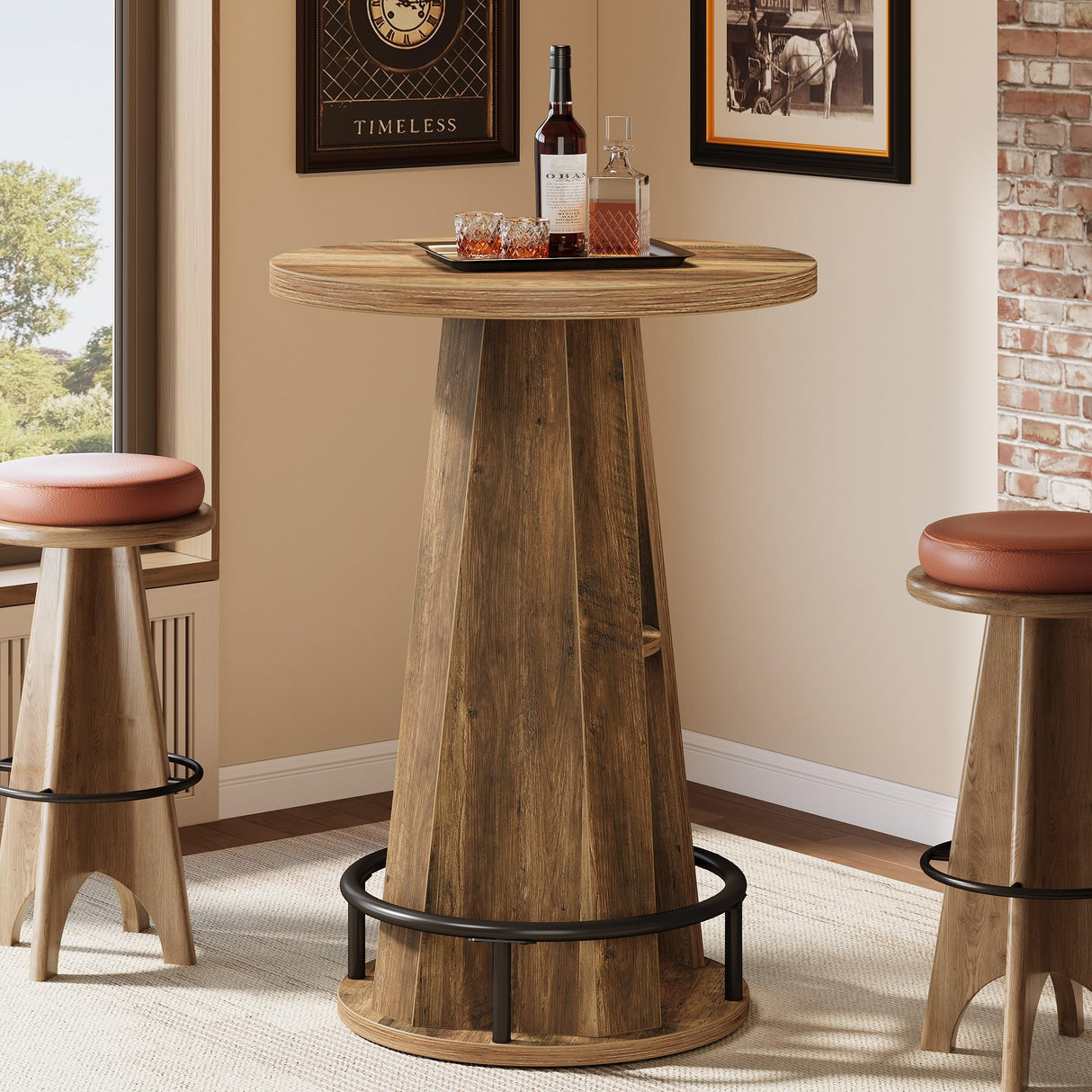 Tribesigns Round Bar Table, 39.4" H High Top Bistro Table with Storage, Industrial Cocktail Pub Tables with Metal Footrest for Living Room, Barroom, Small Space, Rustic Brown(Only Table) Tribesigns