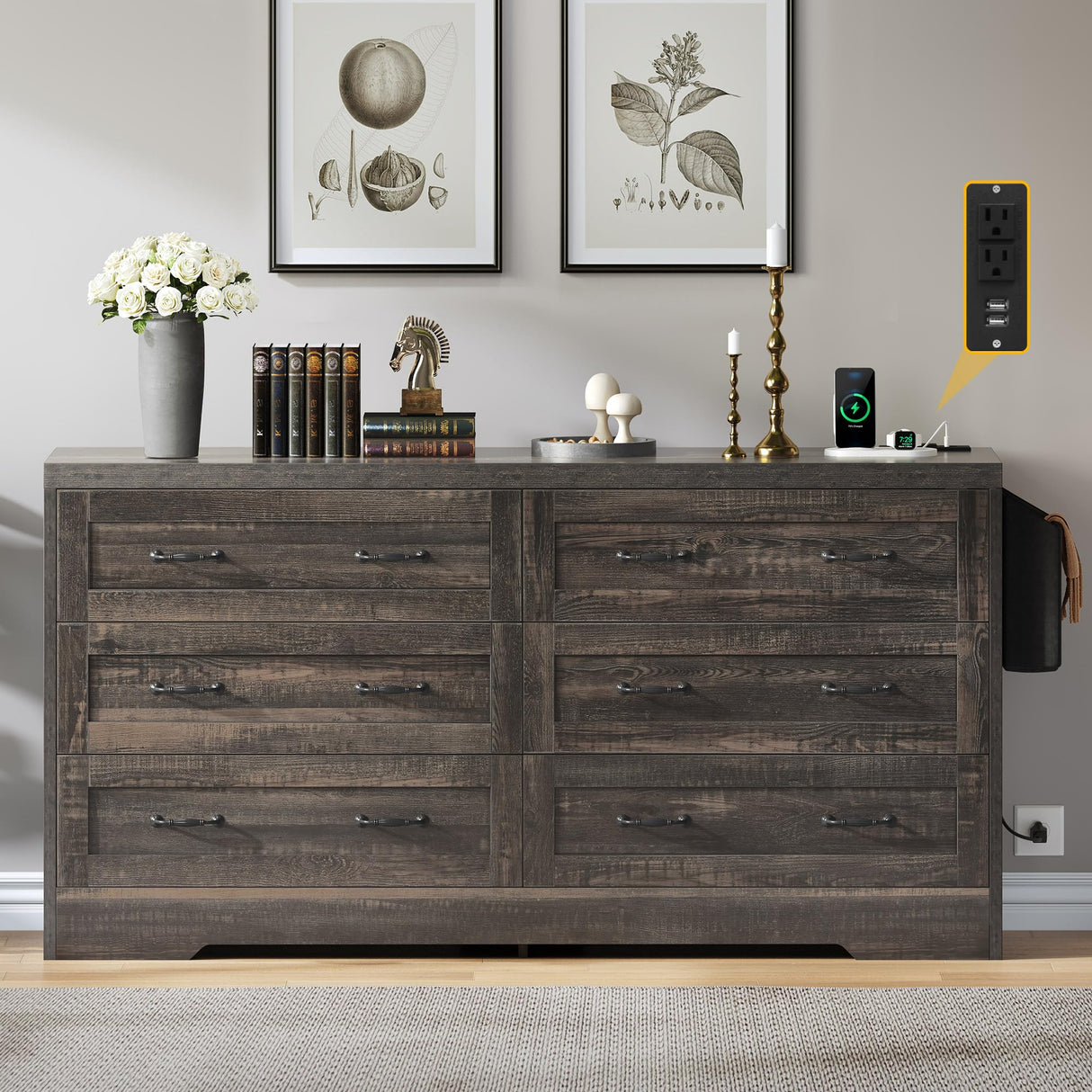 DWVO Farmhouse 6 Drawer Dresser for Bedroom, 60 Inch Large Modern Dresser TV Stand with Drawers & Bar Handles, Storage Dressers with Power Outlets, Rustic Wood Chest of Drawers, Rustic Oak DWVO