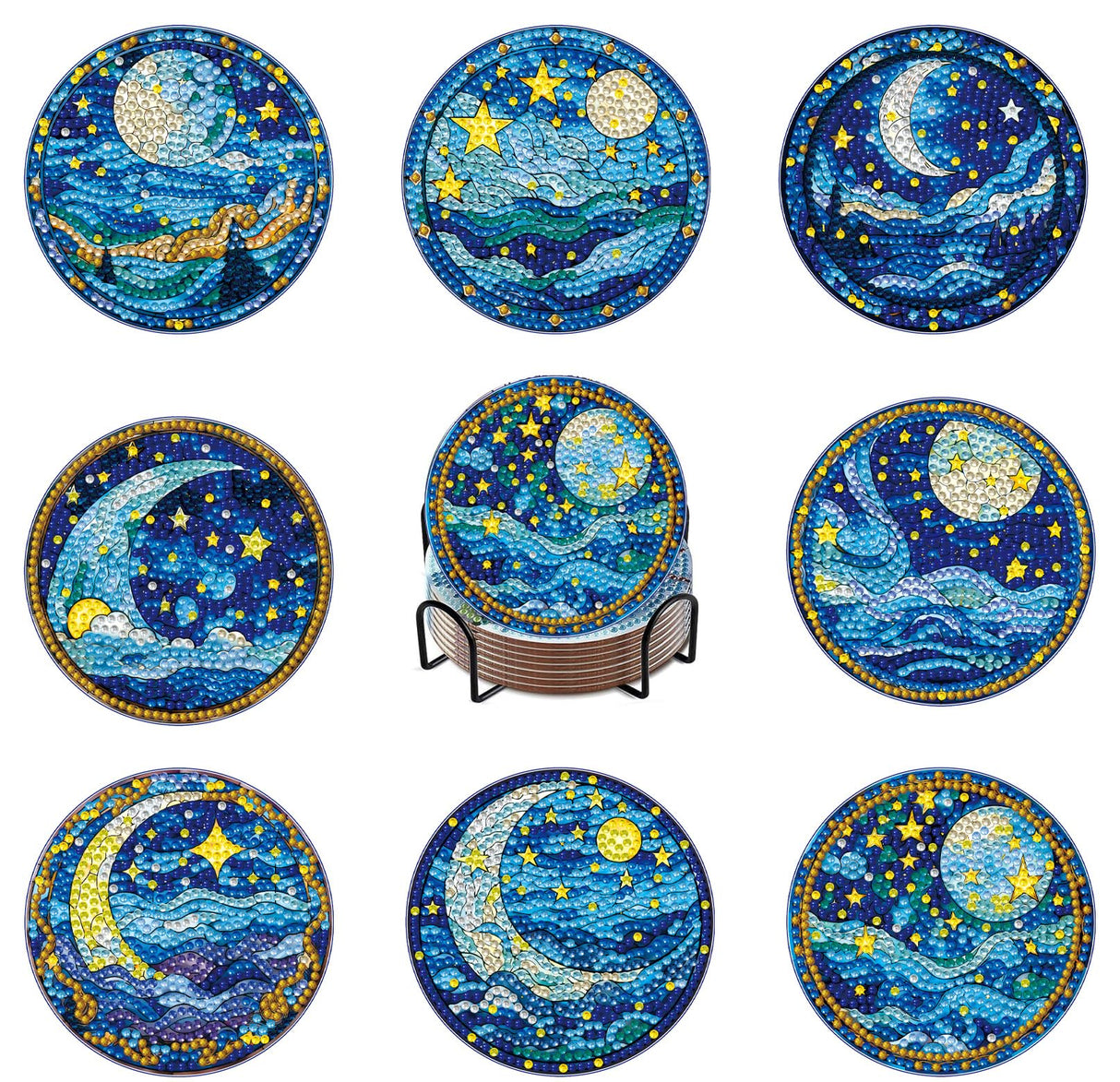 8 PCS Moon Diamond Art Coasters Kits, Diamond Painting Coasters with Holder Set of 8, DIY Drink Coasters Art Crafts Supplies for Adults Cup Mat for Home Decor House Warming Gifts Non-Slip 3.9inch Yanfairy