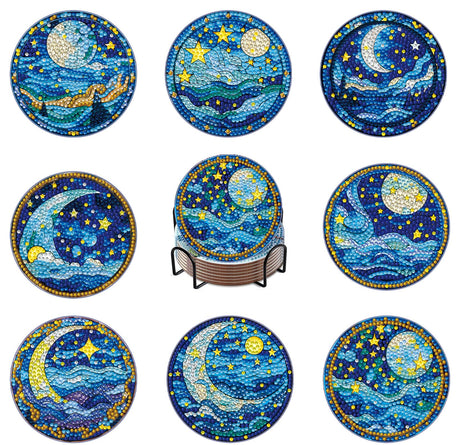 8 PCS Moon Diamond Art Coasters Kits, Diamond Painting Coasters with Holder Set of 8, DIY Drink Coasters Art Crafts Supplies for Adults Cup Mat for Home Decor House Warming Gifts Non-Slip 3.9inch Yanfairy