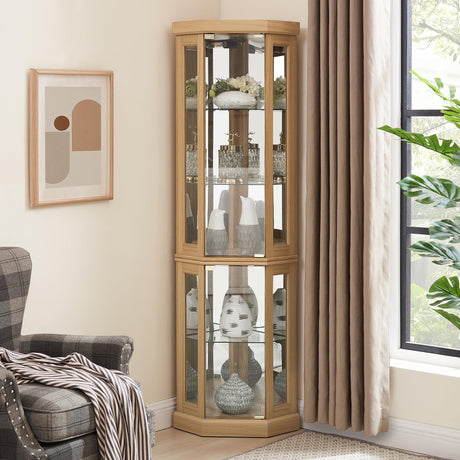 lunhung 69" H Lighted Corner Curio Cabinet, Corner Glass Display Case with Adjustable Shelves & Glass Doors, Wooden Curved Corner Accent Storage Curio Storage Rack for Living Room (Light Oak) lunhung