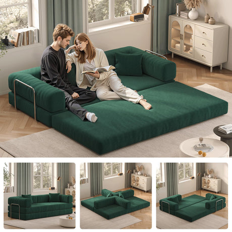 Carzzi-Life 79" Convertible Sofa Bed with Pillows, Corduroy Folding Sleeper Sofa with Fixed-Shape Frame, Boneless Couch for Living Room Bedroom, Floor Sofa Lounge No Assembly Required (Green) Carzzi-Life