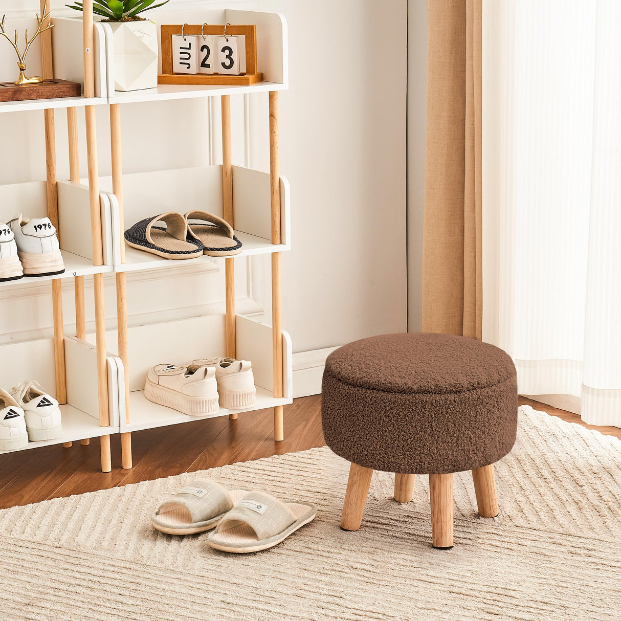 Poofzy Ottoman with Storage, Storage Ottoman, Small Foot Stool Ottoman with Wood Legs, Teddy Velvet Foot Rest for Couch, Living Room and Bedroom - Brown Poofzy