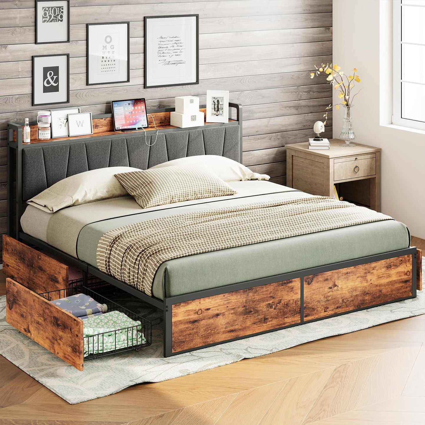 LIKIMIO King Bed Frame with 4 Storage Drawers, Platform Bed with Charged Headboard, Sturdy and Stable, No Noise, No Box Spring Needed, Easy to Install