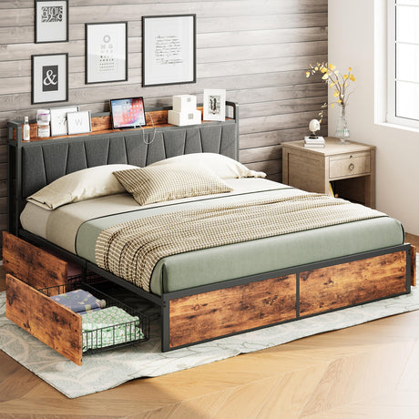 LIKIMIO Vintage Brown King Bed Frame with 4 Storage Drawers and Charging Headboard LIKIMIO
