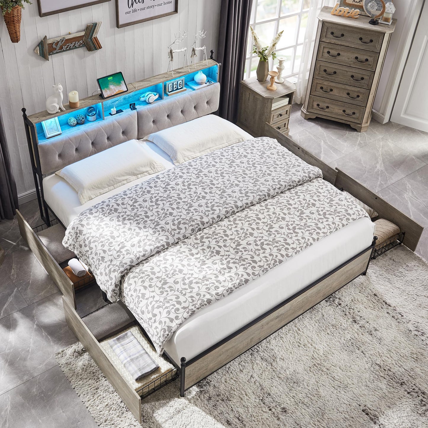 T4TREAM King Bed Frame with Upholstered Headboard, 4 Drawers, Charging Station & LED Lights in Light Rustic Oak - WoodArtSupply