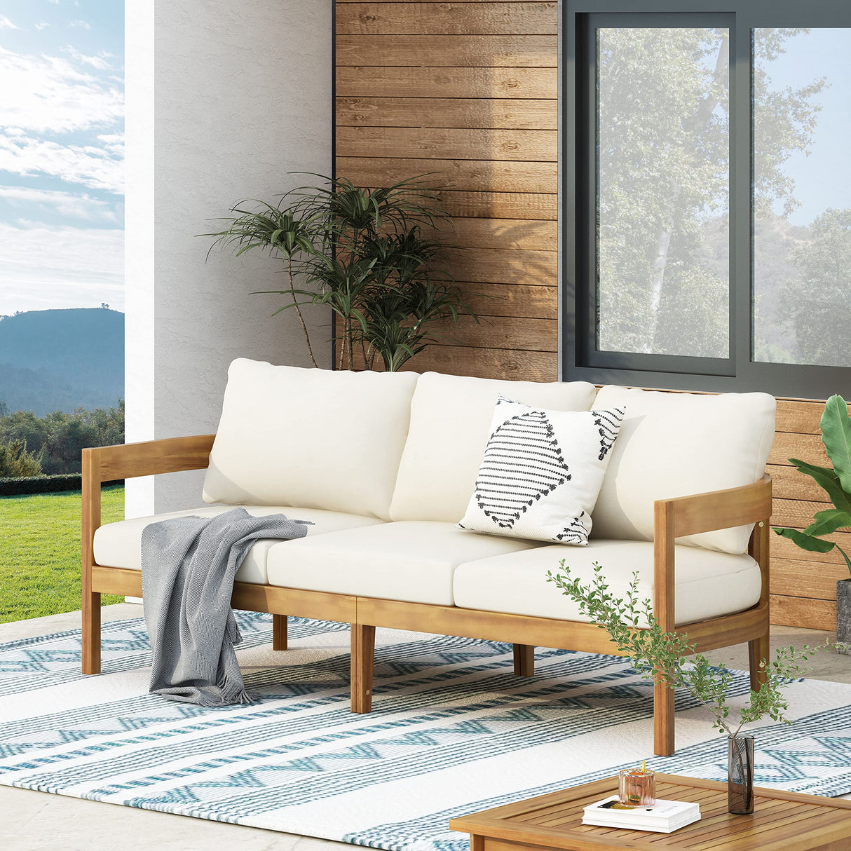 Merax 76.5" Outdoor 3 Seater Patio Sofa Acacia Wood Frame Conversation Set with Cushions Merax