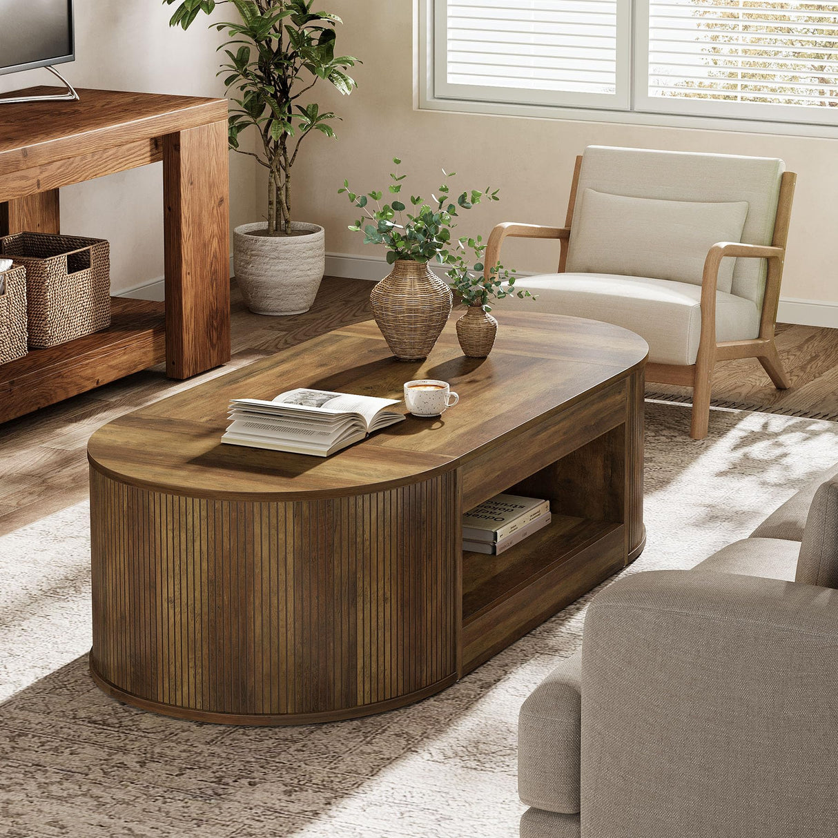Tribesigns Farmhouse Coffee Table with Storage, 55-Inch Oval Center Table, 2-Tier Large Tea Table for Living Room, Office Reception, Rustic Brown Tribesigns