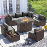 UDPATIO Outdoor Patio Furniture Set with Fire Pit Table, 8 Piece Outdoor Sectional Sofas, All-Weather Wicker Patio Conversation Set for Garden, Backyard Dark Grey UDPATIO