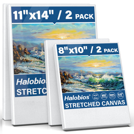 Halobios 4 Packs Blank Canvases for Painting with 8x10in,11x14in(2 of Each), Stretched Canvases for Acrylics, Oils & Other Painting Media, 100% Cotton, 5/8 Inch Profile of Super Value Canvas Pack Halobios