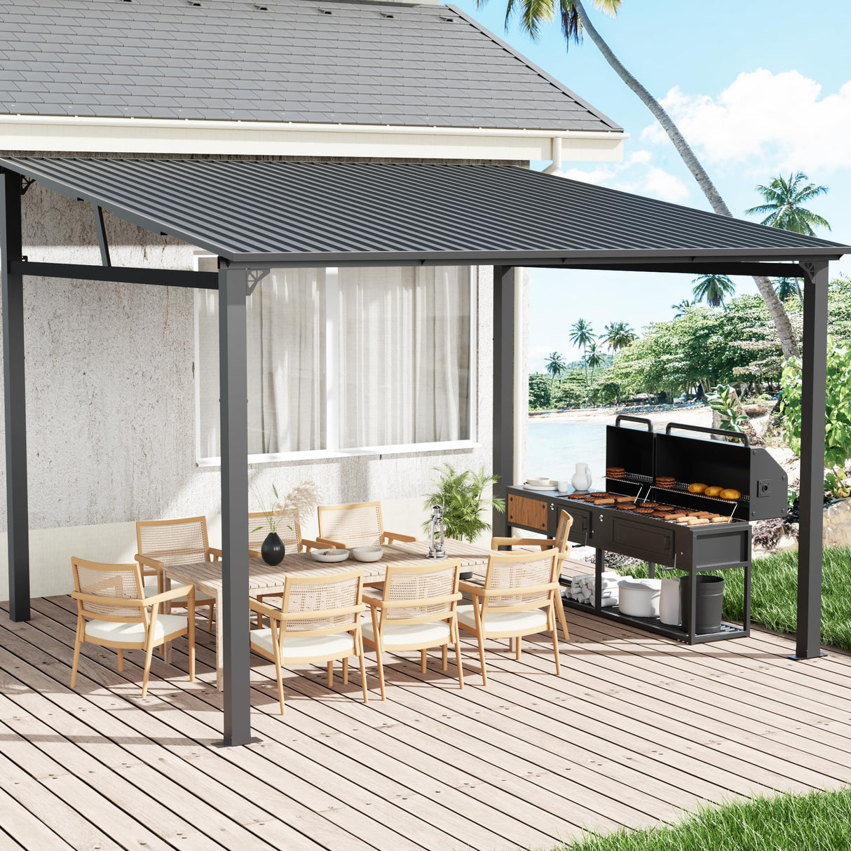 EBE 12' x 12' Hardtop Gazebo, Heavy Duty Lean to Metal Gazebos Outdoor Pergola, Wall Mounted Gazebo with Galvanized Steel, Patio Roof Awning for Patio, Deck, Backyard EBE