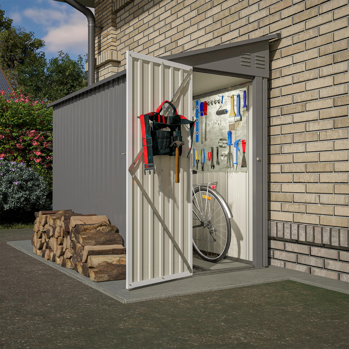 YOPTO 4x8 FT Outdoor Storage Shed,Lean to Metal Shed W/Floor Included,Garden Storage Shed W/Lockable Door,All Weather Waterproof Tool House W/ 2 Air Vents,for Backyard,Patio,Lawn,Garden,Gray YOPTO