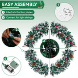 CACFTII 48in Pre-Lit Artificial Christmas Wreath, Snowflakes Christmas Wreaths with Warm White LED Lights, Pine Cones and Berries for Door, Mantel, Indoor Decorations, Xmas Holiday Decor, Green/White CACFTII