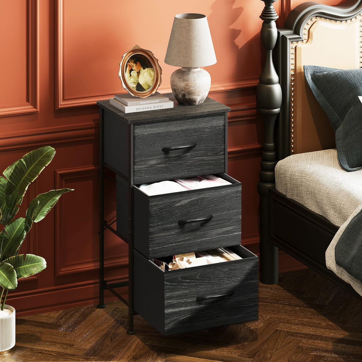 WLIVE Nightstand with 3 Drawers, Fabric Dresser, Organizer Unit, Storage Dresser for Bedroom, Hallway, Entryway, Closets, Steel Frame, Wood Top, Easy Pull Handle, Charcoal Black Wood Grain Print WLIVE