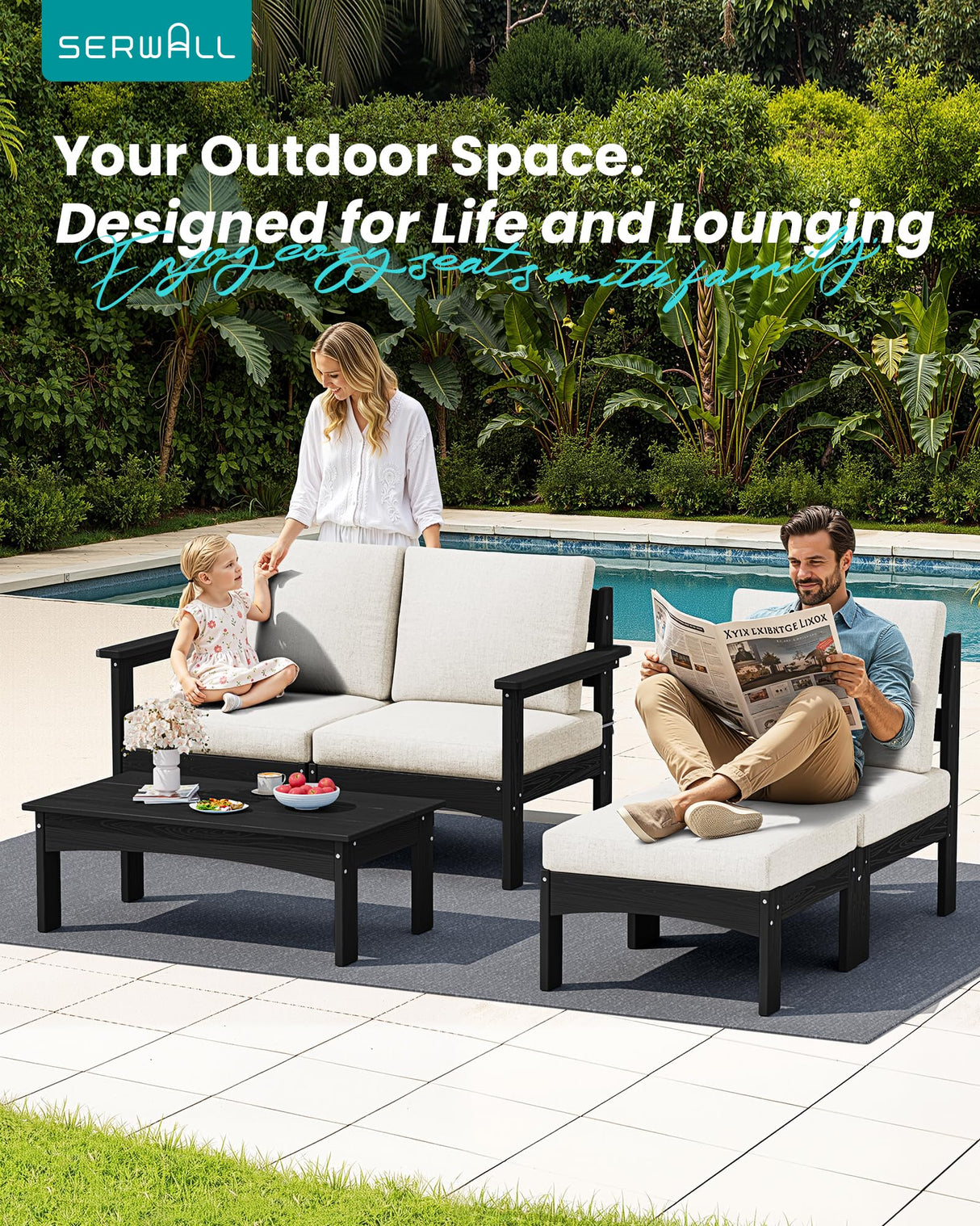 SERWALL 5-Piece Patio Sofas, All-Weather HDPE Outdoor Sectional Sofa with Cushions and Coffee Table, Large Modular Patio Conversation Set for Garden, Lawn, Deck, Porch, Black Frame with Khaki Cushion SERWALL